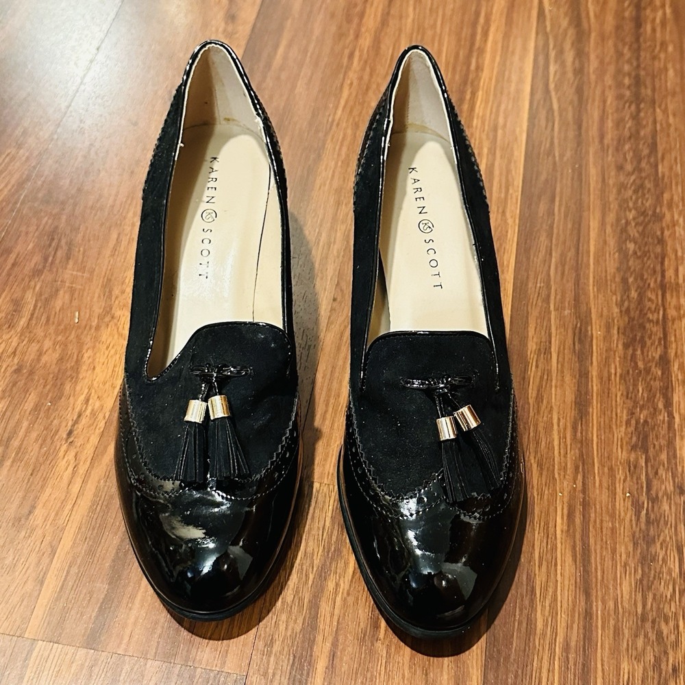 Karen Scott Black Leather Pumps Heels‎ Slip-On Bow Women's Dress Shoes Sz 9.5